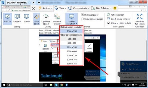 chon kich thuoc cua so teamviewer
