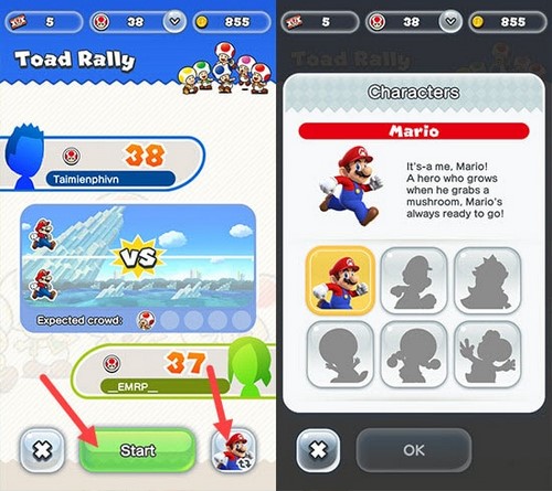 choi che do toad rally trong super mario run