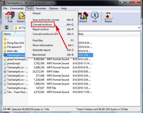 chuyen file rar sang zip trong winrar