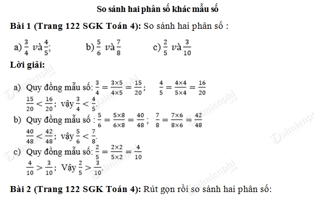 giai bai so sanh hai phan so khac mau so