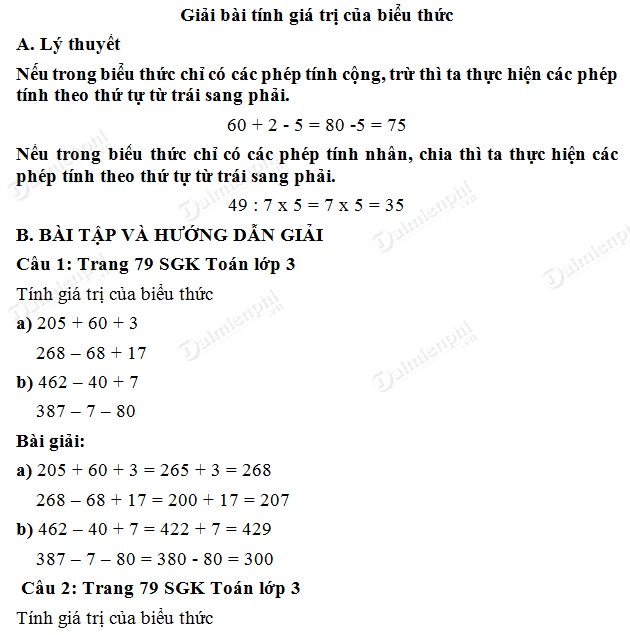 giai toan lop 3 tinh gia tri cua bieu thuc