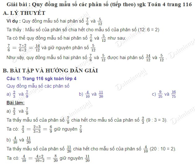 giai toan 4 trang 116 sgk quy dong mau so cac phan so tiep