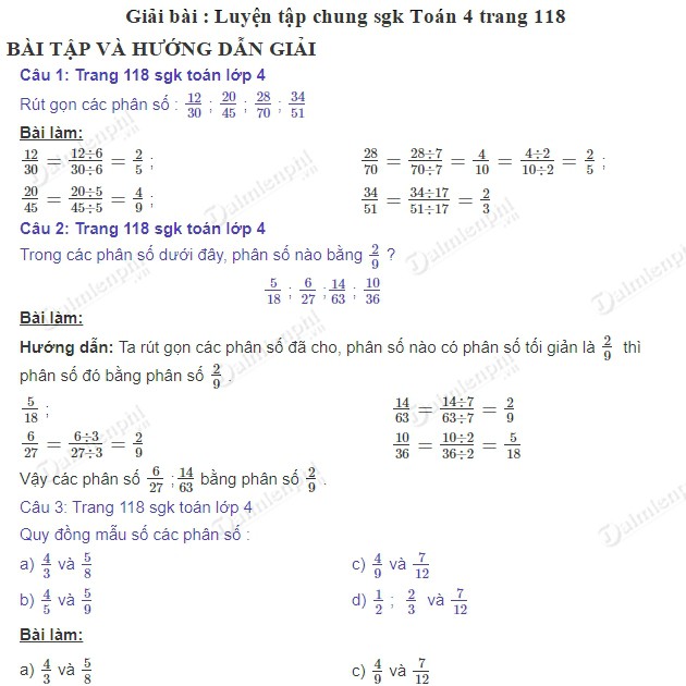 giai toan 4 trang 118 sgk luyen tap chung