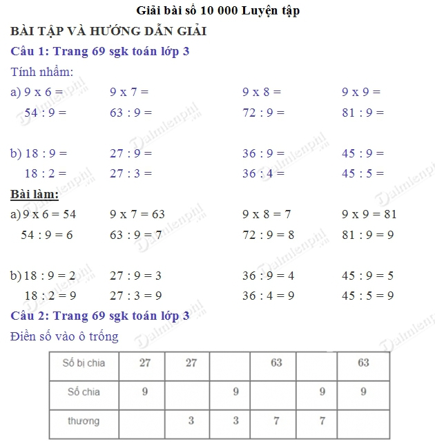 giai toan 3 trang 69 sgk luyen tap
