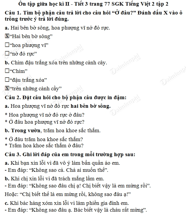 Soạn Tiếng Việt lớp 2 - Ôn tập giữa học kì II (tiết 3)