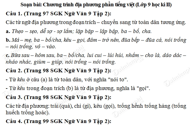 Soạn bài Chương trình địa phương phần Tiếng Việt (lớp 9 kì II), soạn văn lớp 9
