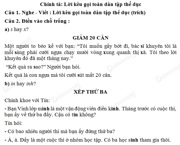 Soạn bài Chính tả (Nghe - viết): Lời kêu gọi toàn dân tập thể dục- Tiếng Việt lớp 3