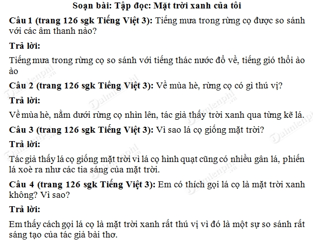 Soạn bài Mặt trời xanh của tôi trang 125 - 127 SGK Tiếng Việt 3 tập 2