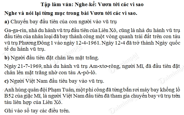 Soạn bài Tập làm văn: Vươn tới các vì sao trang 139 SGK Tiếng Việt 3 tập 2