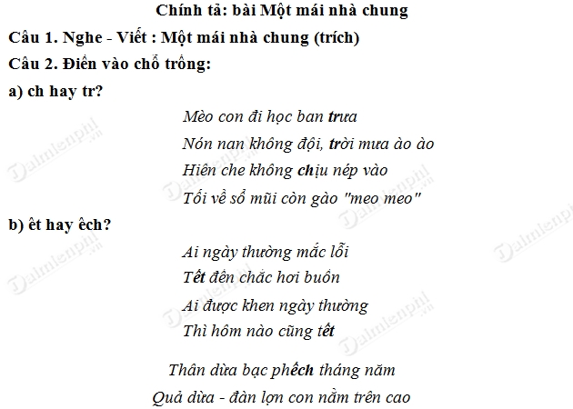 Soạn bài Chính tả (Nhớ - viết): Một mái nhà chung trang 104 SGK Tiếng Việt 3