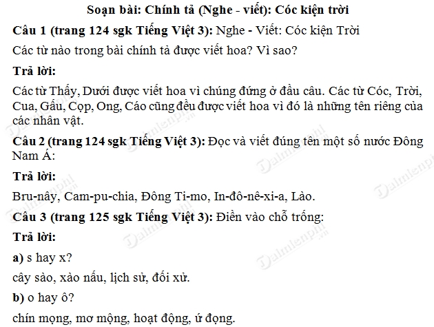 Soạn bài Cóc kiện trời chính tả nghe và viết, Trang 124 SGK Tiếng Việt 3