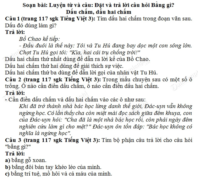 Soạn bài Đặt và trả lời câu hỏi Bằng gì? Dấu chấm, dấu hai chấm trang 117 SGK Tiếng Việt 3