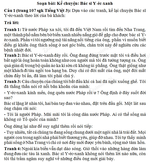 Soạn bài Kể chuyện: Bác sĩ Y-éc-xanh trang 107 SGK Tiếng Việt 3 tập 2, soạn Tiếng Việt lớp 3