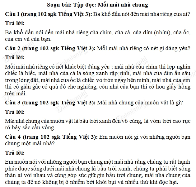 Soạn bài Một mái nhà chung, Tập đọc trang 100 - 102 SGK Tiếng Việt 3 tập 2