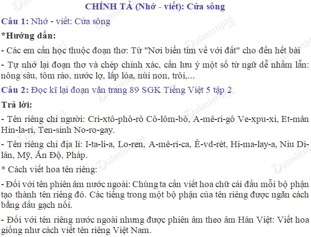 Soạn bài Chính tả (Nhớ - viết): Cửa sông trang 89 SGK Tiếng Việt 5 tập 2