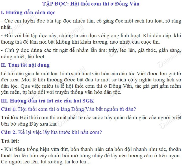 Soạn bài Tập đọc: Hội thổi cơm thi ở Đồng Vân trang 83 SGK Tiếng Việt 5 tập 2