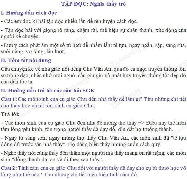 Soạn bài Tập đọc: Nghĩa thầy trò trang 79 SGK Tiếng Việt 5 tập 2