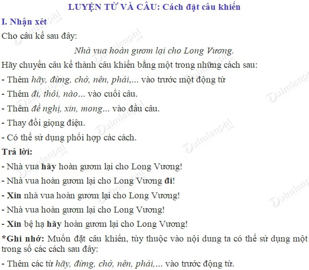 Soạn bài Luyện từ và câu: Cách đặt câu khiến trang 92 SGK Tiếng Việt 4 tập 2