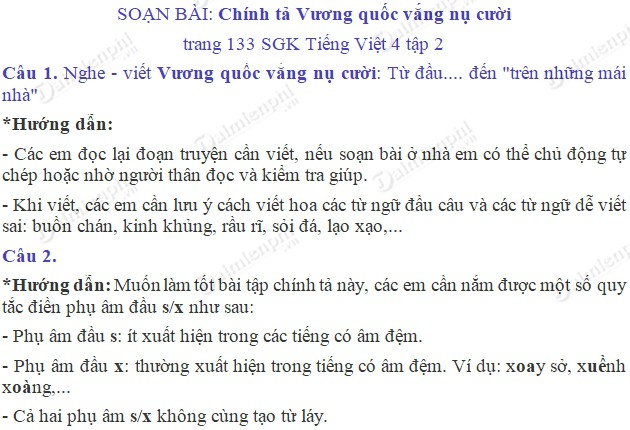 Soạn bài Chính tả (Nghe - viết): Vương quốc vắng nụ cười trang 133 SGK Tiếng Việt 4 tập 2, soạn Tiếng Việt lớp 4