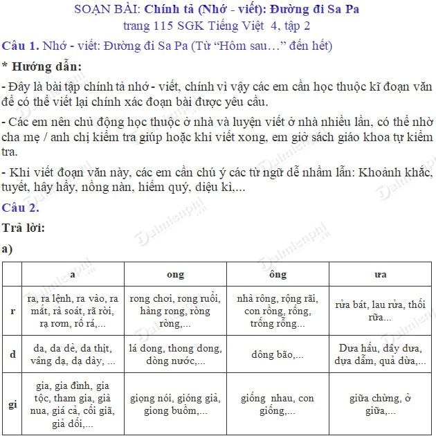 Soạn bài Đường đi Sa Pa trang 115 SGK Tiếng Việt 4 tập 2, Chính tả (Nh