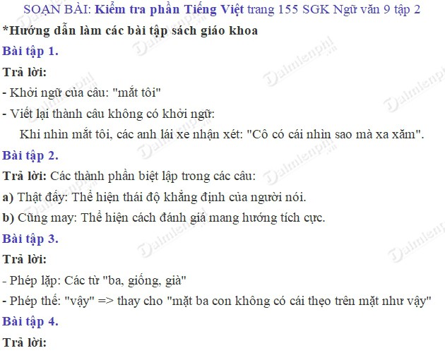 Soạn bài Kiểm tra phần Tiếng Việt trang 155 SGK Ngữ văn 9