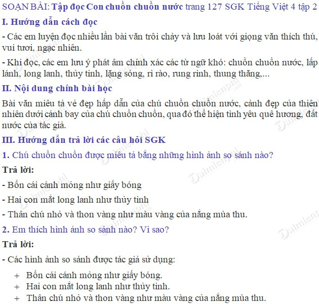 Tiếng Việt lớp 4 trang 127 bài Con chuồn chuồn nước
