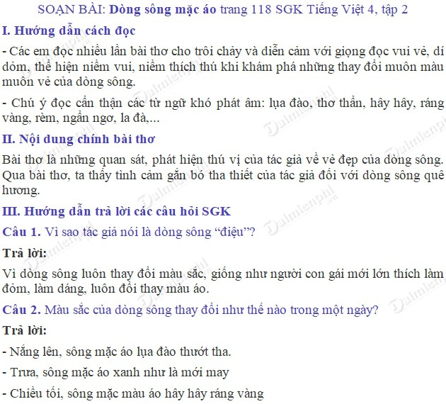 Soạn bài Tập đọc: Dòng sông mặc áo trang 118 SGK Tiếng Việt 4