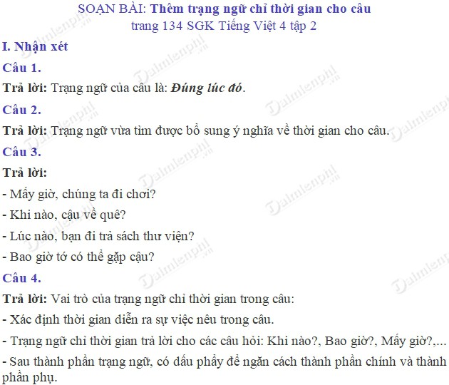 Soạn bài Luyện từ và câu Thêm trạng ngữ chỉ thời gian cho câu trang 134 SGK Tiếng Việt 4