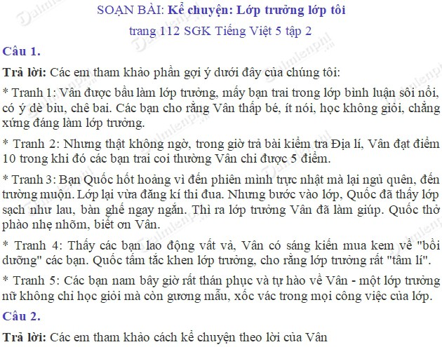 Soạn bài Kể chuyện: Lớp trưởng lớp tôi trang 112 SGK Tiếng Việt 5