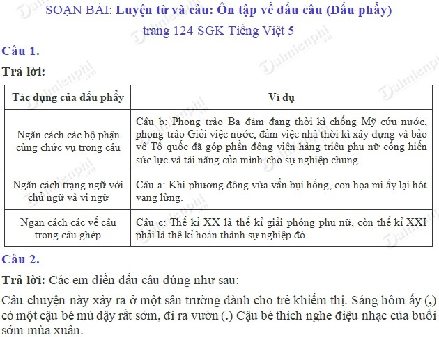 Soạn bài Luyện từ và câu: Ôn tập về dấu câu (Dấu phẩy) trang 124 SGK Tiếng Việt 5