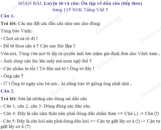 Soạn bài Luyện từ và câu: Ôn tập về dấu câu (tiếp theo) trang 115 SGK Tiếng Việt 5