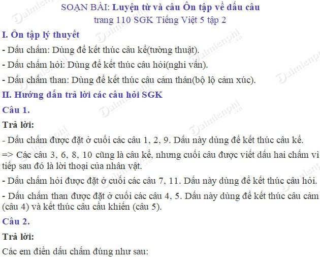 Soạn bài Luyện từ và câu: Ôn tập về dấu câu trang 110 SGK Tiếng Việt 5