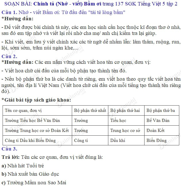 Soạn bài Chính tả (Nhớ - viết): Bầm ơi trang 137 SGK Tiếng Việt 5