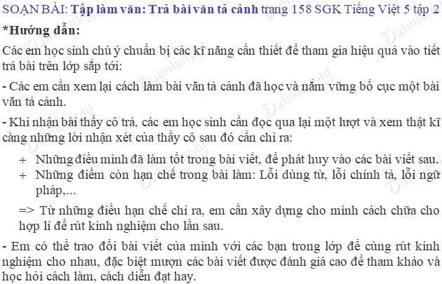 Soạn bài Tập làm văn: Trả bài văn tả cảnh trang 158 SGK Tiếng Việt 5