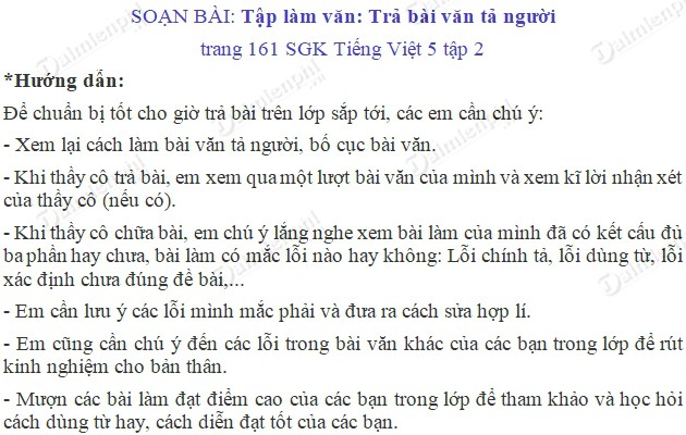 Soạn bài Tập làm văn: Trả bài văn tả người trang 161 SGK Tiếng Việt 5