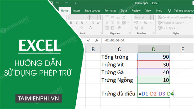 cach su dung phep tru trong excel