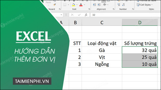 cach them don vi vao o trong excel