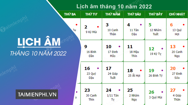 Lich Am thang 10 nam 2022