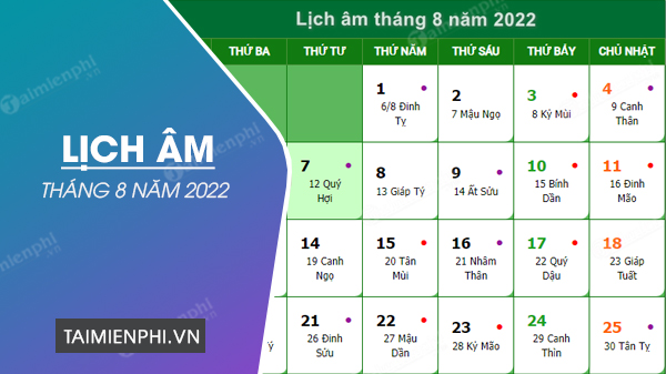 Lich Am thang 8 nam 2022