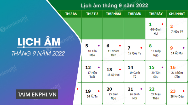Lich Am thang 9 nam 2022