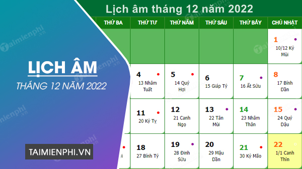 Lich Am thang 12 nam 2022
