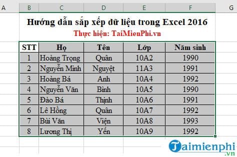 Sắp xếp dữ liệu trong Excel 2016