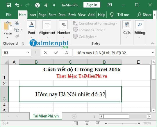 Cách viết độ C trong Excel 2016 bằng tổ hợp phím tắt