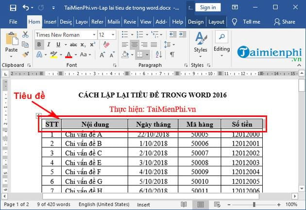 Lặp lại tiêu đề trong Word 2016