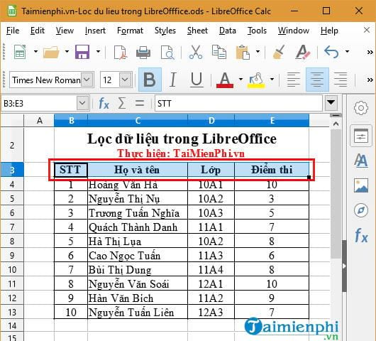 Lọc dữ liệu trong LibreOffice