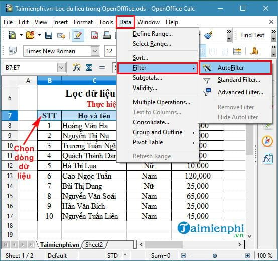 Lọc dữ liệu trong OpenOffice