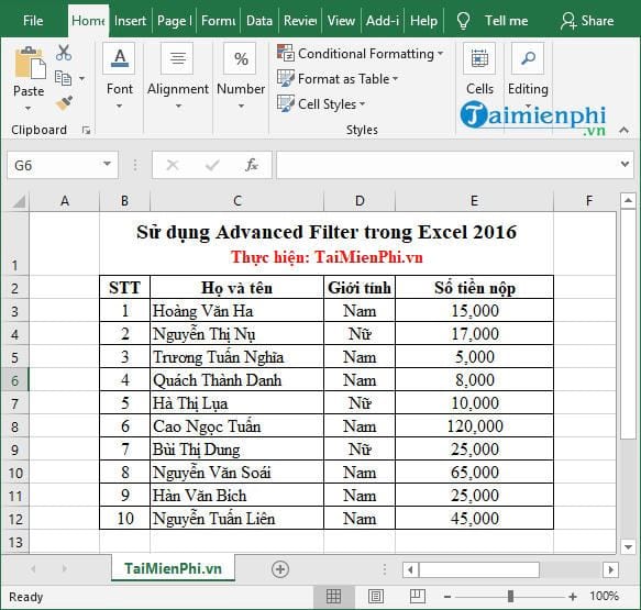 su dung advanced filter trong excel 2016