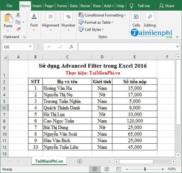 Sử dụng Advanced Filter trong Excel 2016