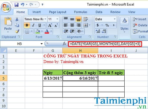 cach cong tru ngay thang trong excel